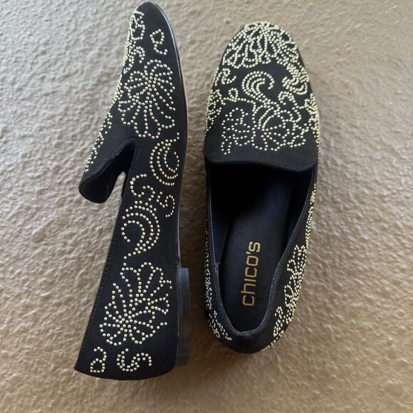 New Chico's Embellished Loafers Black Gold Color Metal Studs Loafer Size 9 - Picture 12 of 12